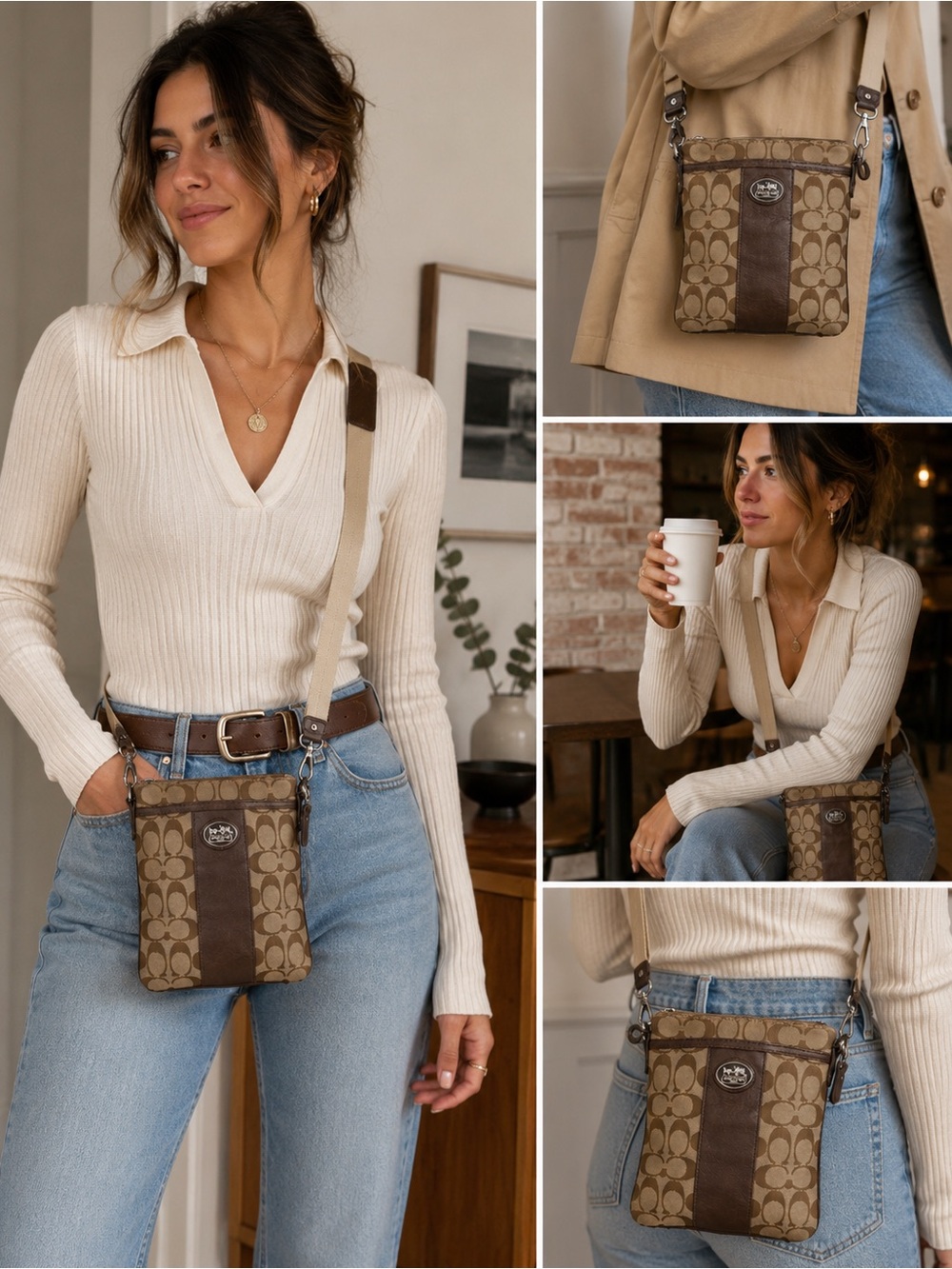 Coach Signature Mini Crossbody Bag Brown Tan Canvas Leather Trim